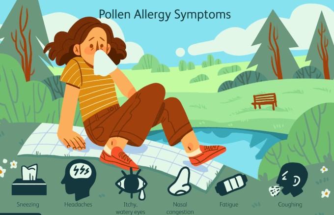 a person sitting on a map with the words pollen allergy symptoms.
