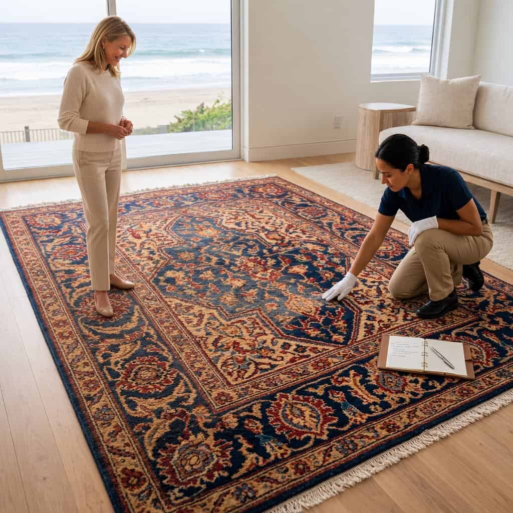Technician inspecting Persian rug in Manhattan Beach home.